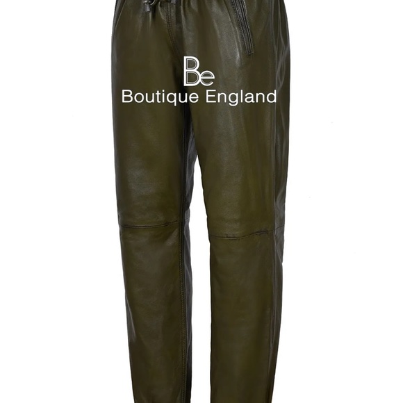 Mens New Olive Green Leather Joggers - Picture 5 of 6